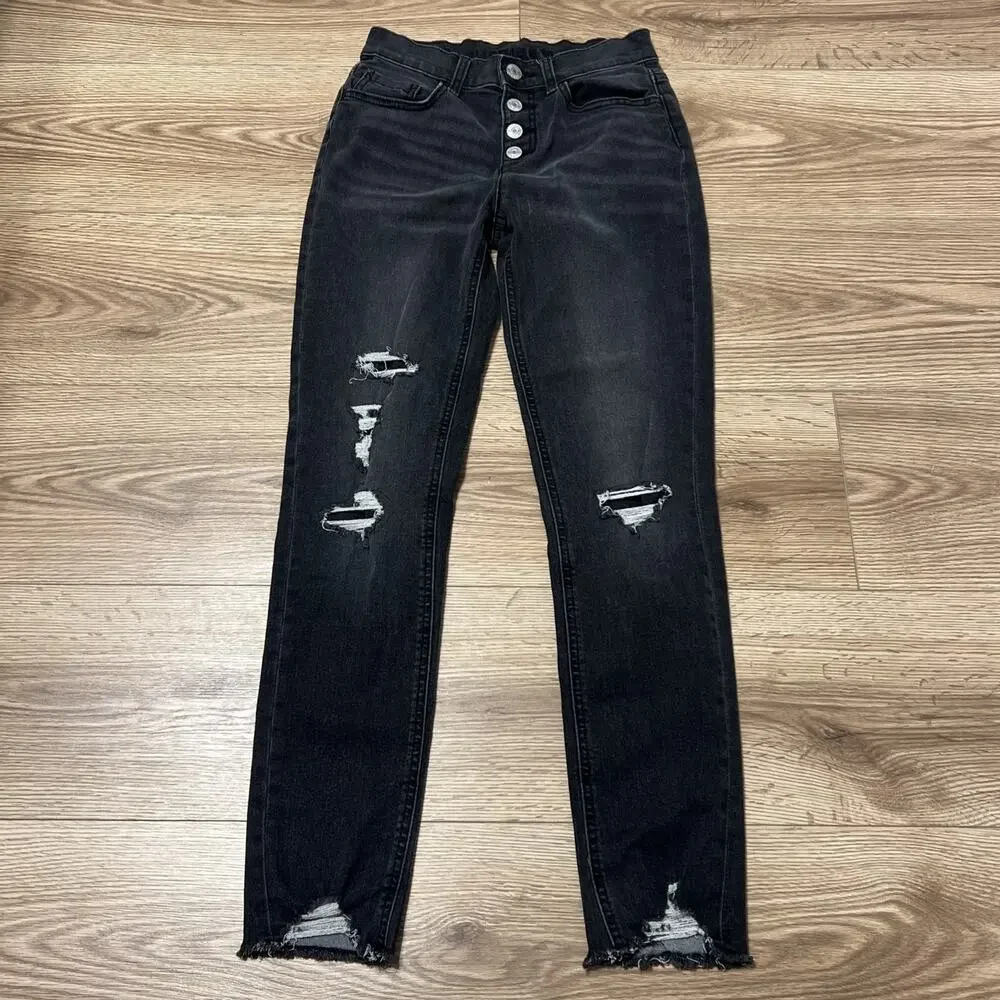 Justice Girl’s Black Washed Distressed Slim Ankle Length Jeans Size 14 (A32)
